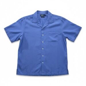 SOLD 90s Polo Ralph Lauren Caldwell Shirt L Silk Cotton Blue Camp Open Collar